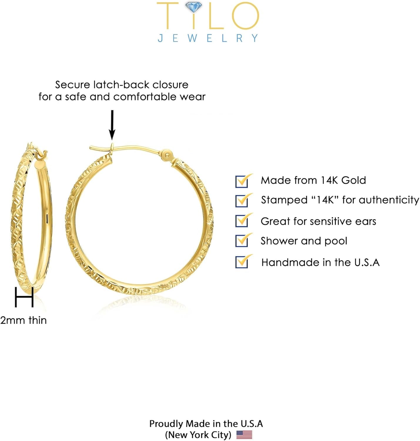 14K Gold Hand Engraved Diamond-Cut round Hoop Earrings -1'' Diameter……