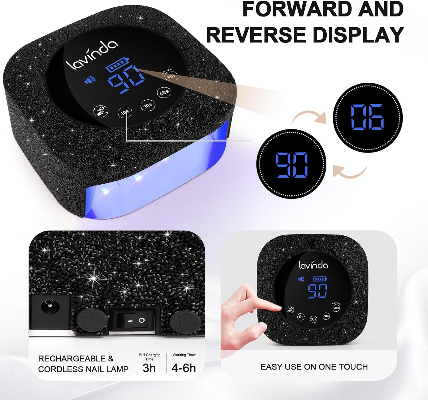 54W UV Nail Lamp, UV Light for Gel Nails, Cordless Rechargeable UV LED Nail Lamp Nail Light with 4 Timer and LCD Display, Professional Fast Curing Lamp Nail Dryer with Black Rhinestone