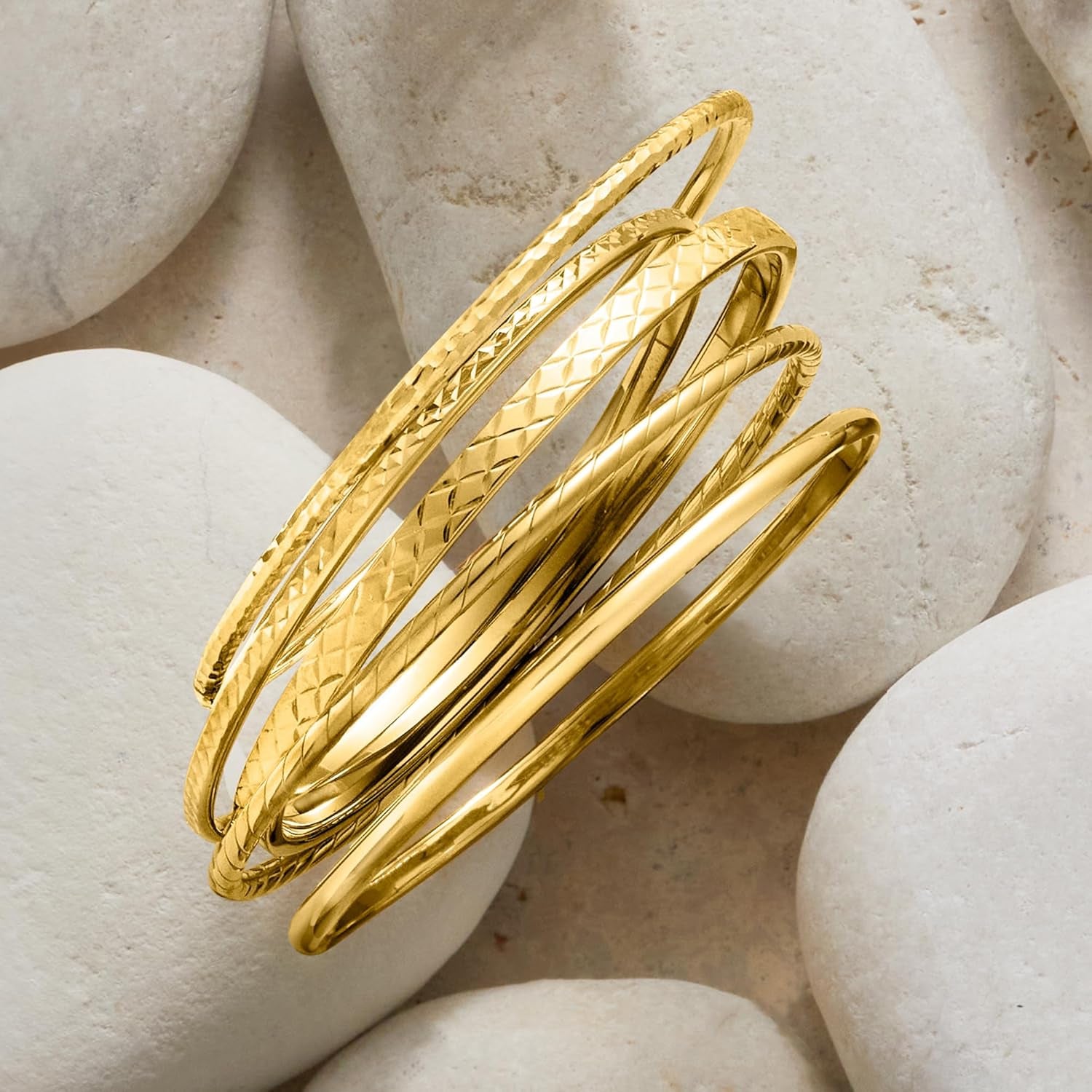 18Kt Gold over Sterling Jewelry Set: 5 Textured Bangle Bracelets