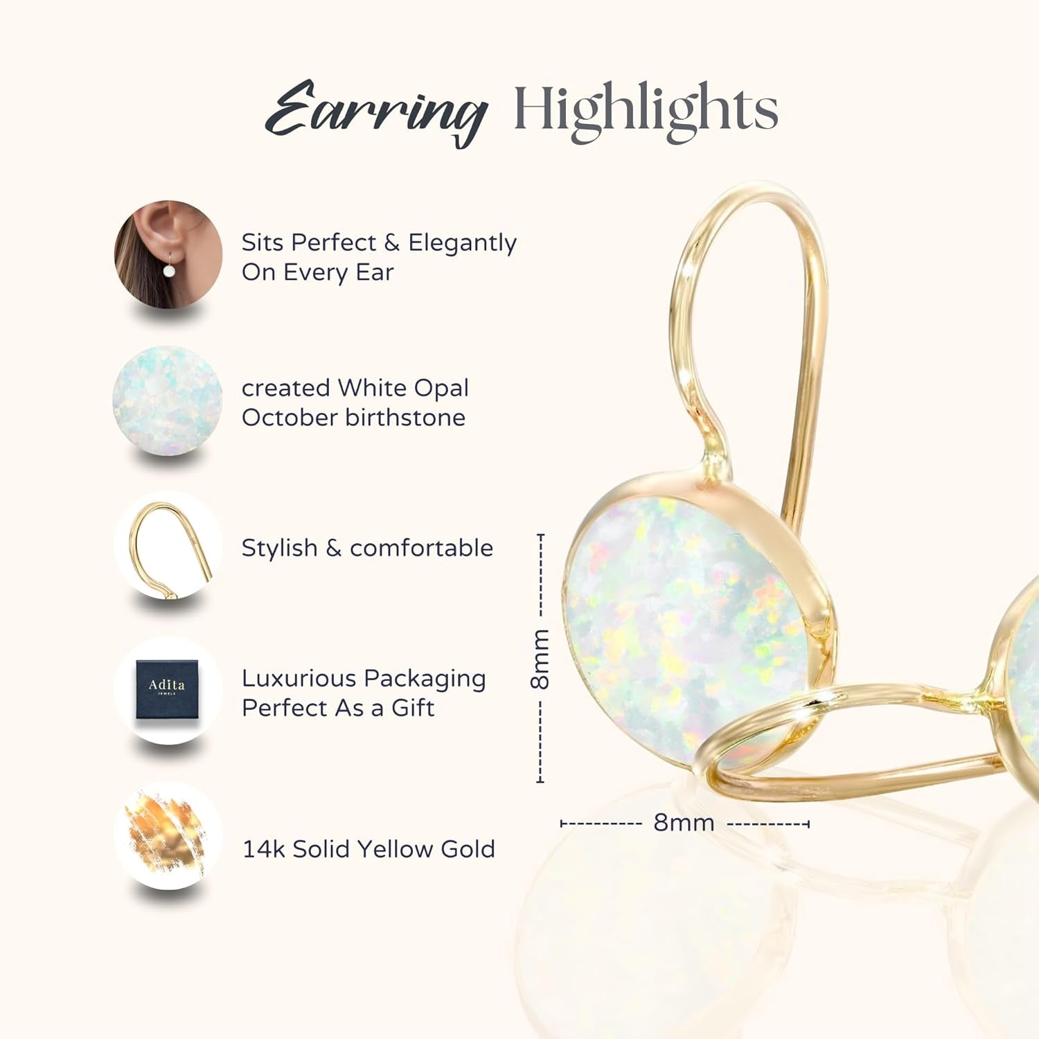 14K Solid Yellow Gold Gemstone Earrings - Birthstone Earrings - 8Mm Dangle Earrings, Dainty Gemstones Earrings, Bridal Handmade Wedding Jewelry Gift for Brides, Graduation Gift
