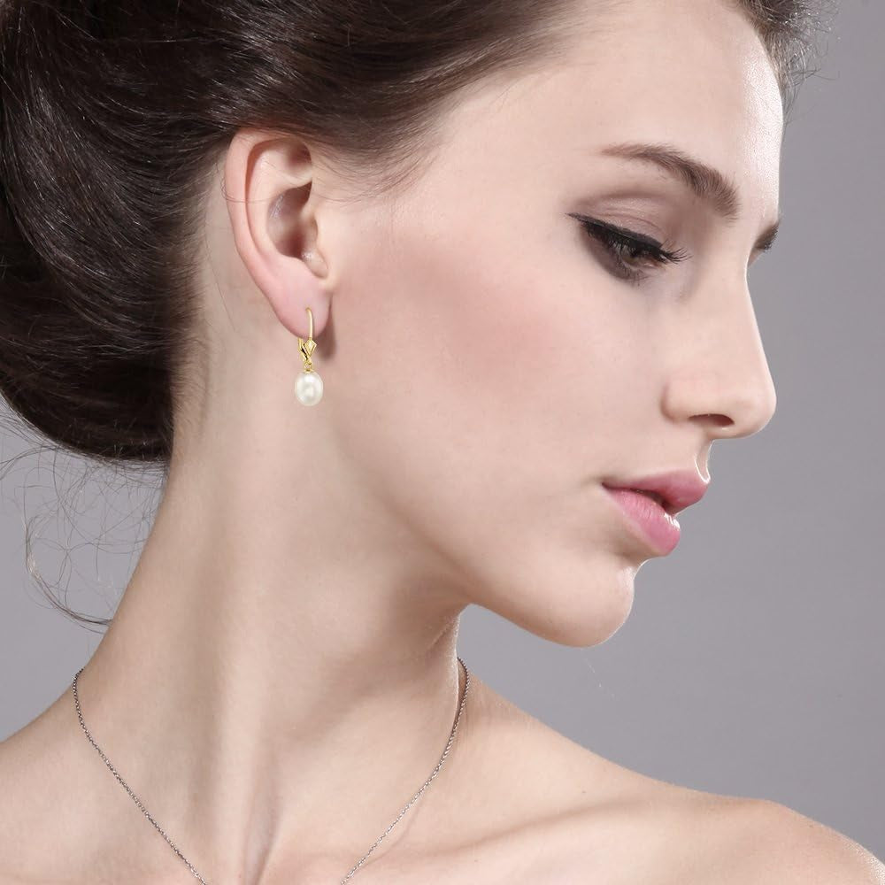 14K Yellow Gold 9MM Cultured Freshwater Pearl Dangle Earrings for Women