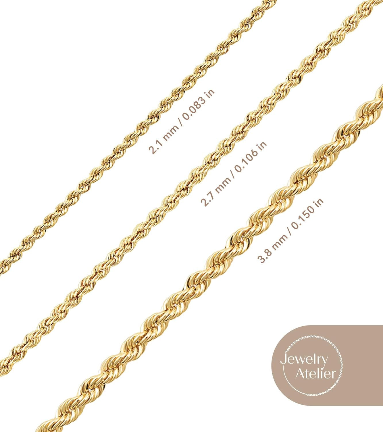 Gold Chain Necklace Collection - 14K Solid Yellow Gold Filled Rope Chain Necklaces for Women and Men with Different Sizes (2.1Mm, 2.7Mm, or 3.8Mm)