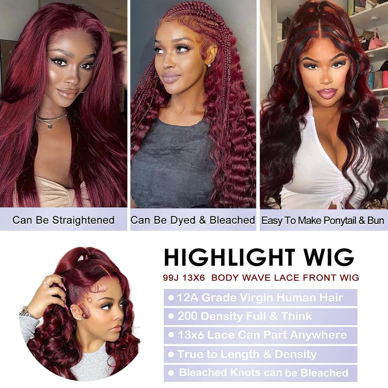 30 Inch 99J Burgundy 13X6 Body Wave Lace Front Wigs Human Hair 200% Density Glueless HD Transparent Lace Frontal Wigs Human Hair Pre Plucked with Baby Hair Burgundy Wine Red Human Hair Wigs for Women