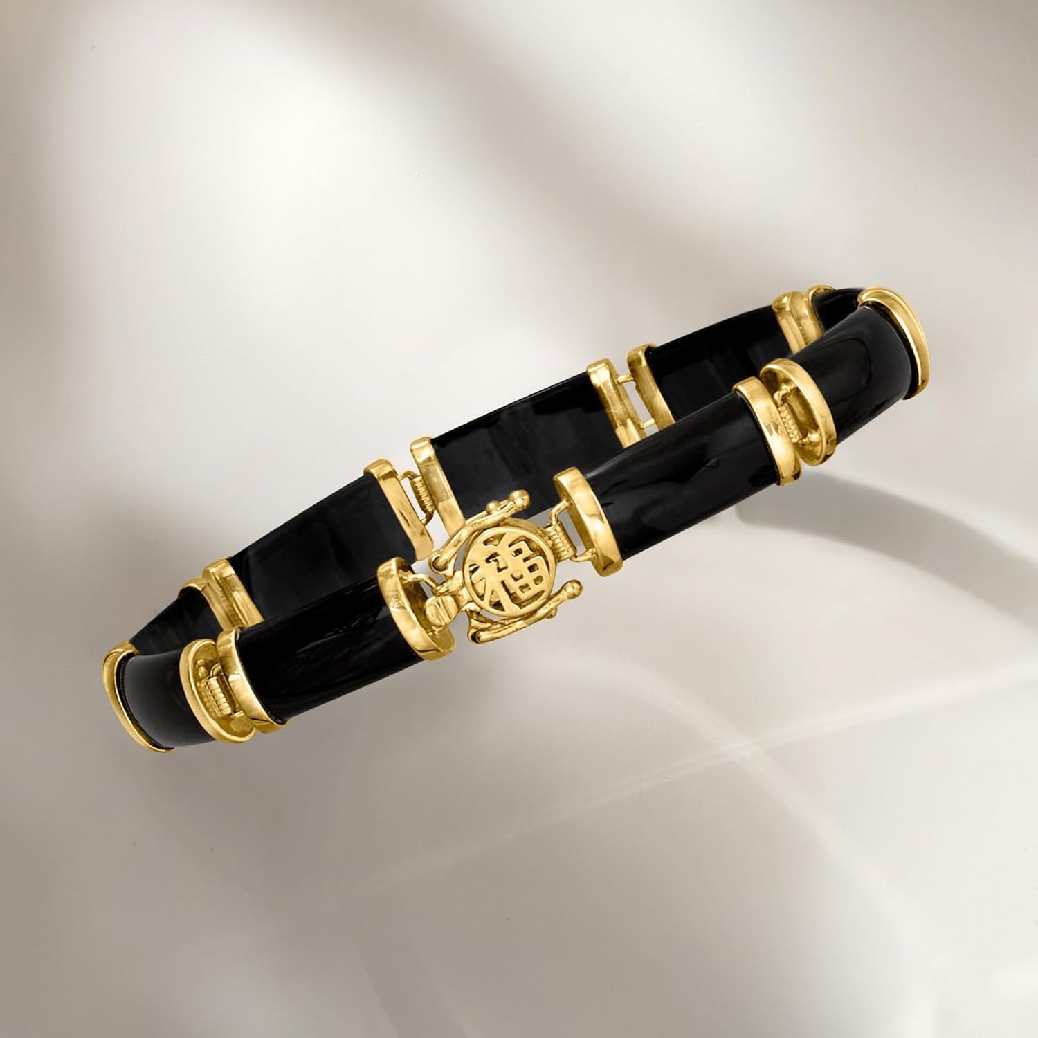 Black Agate Good Fortune Bracelet in 18Kt Gold over Sterling