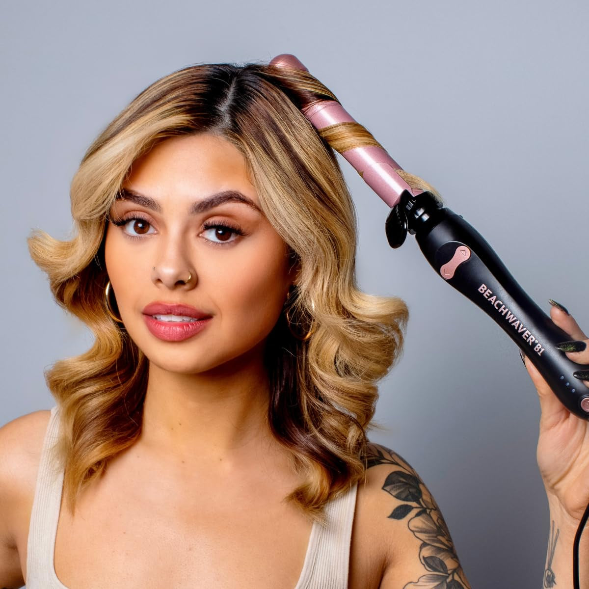 B1 Rotating Curling Iron - Automatic 1" Ceramic Curling Iron - Easy-To-Use Spinning Wand for Long-Lasting Waves, Auto-Shut Off, Travel-Friendly, Dual Voltage (BW160), Midnight Rose