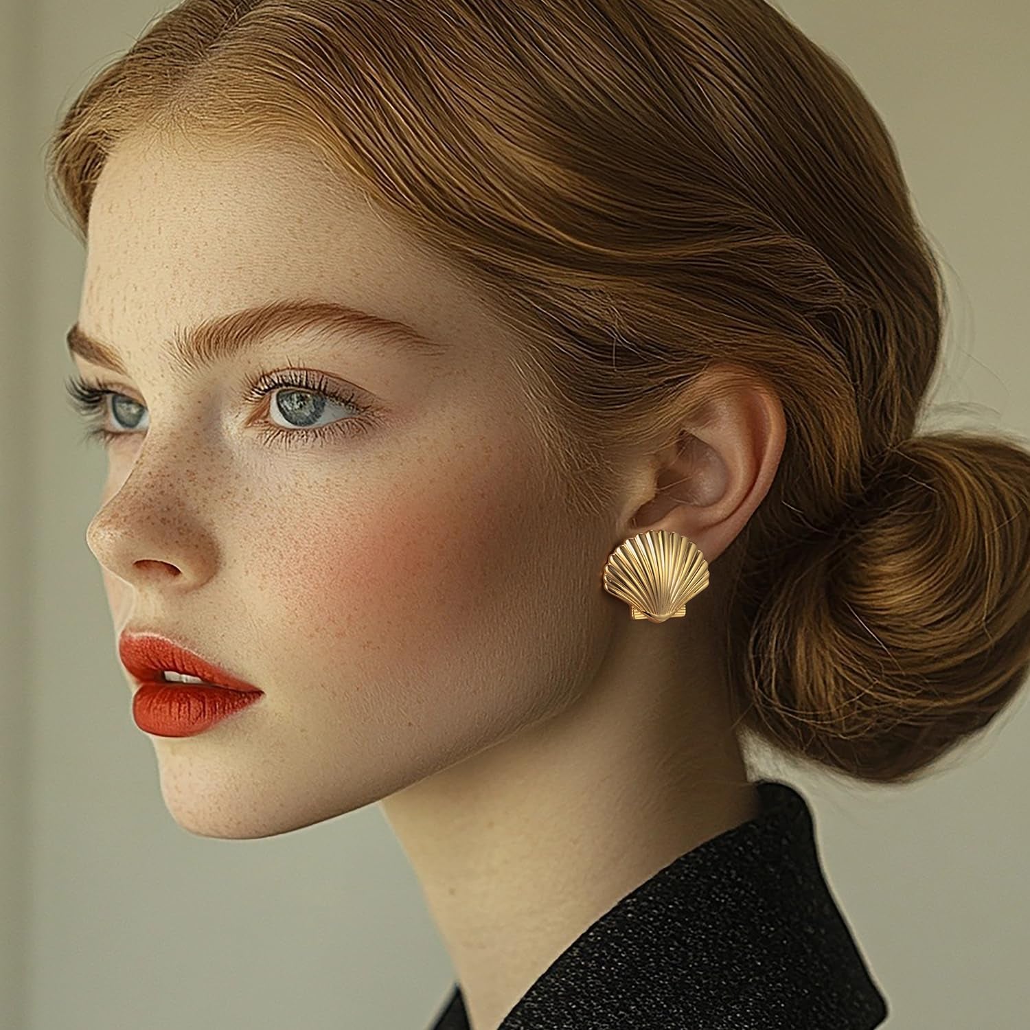 Gold Earrings for Women 14K Gold Studs Earrings for Women Stud Shell Earring for Womens Studs Realistic Shell Texture Stud Earring for Womens 23.5Mm
