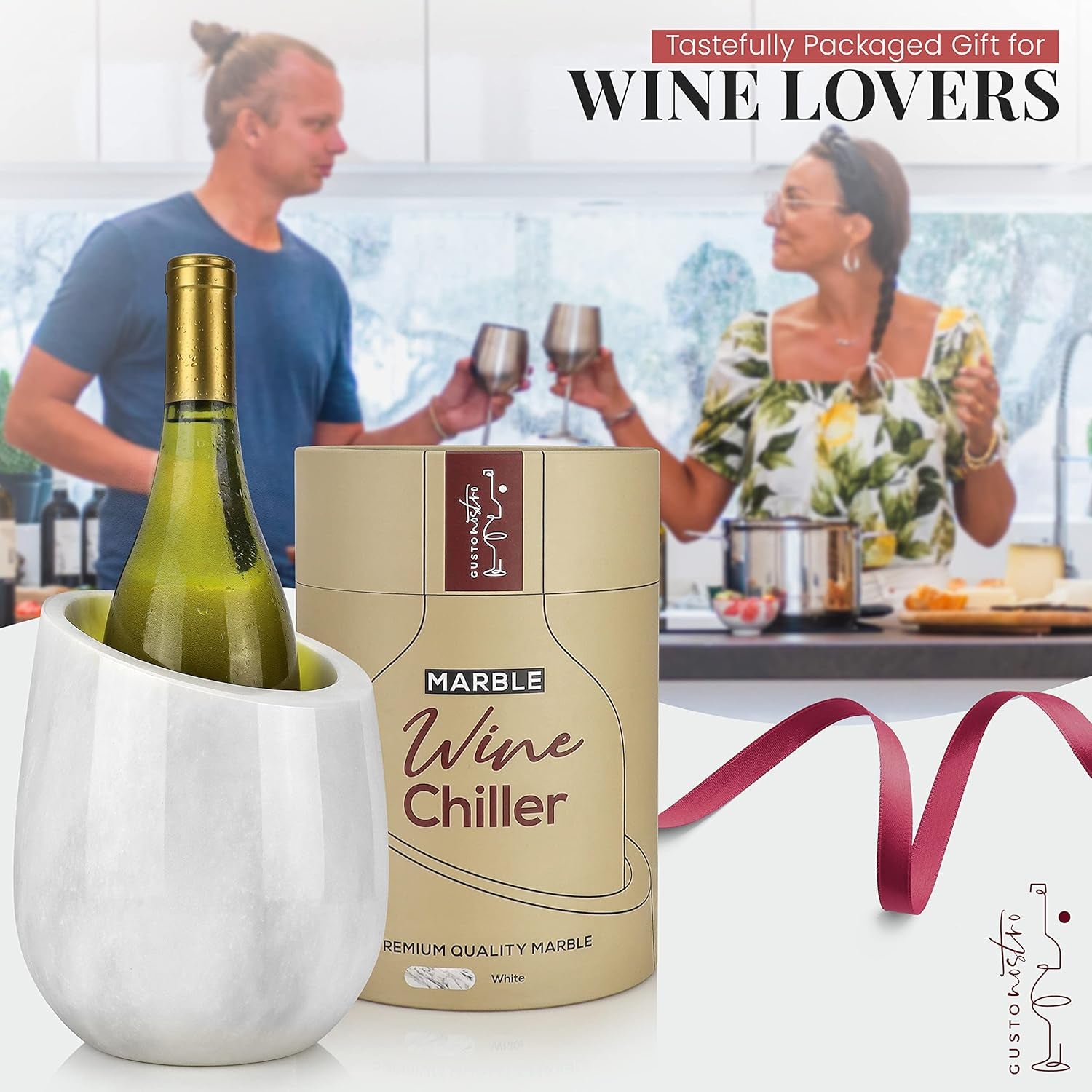 White Marble Wine Chiller for 750 ml Bottles with Anti Slip Base and Gift Box