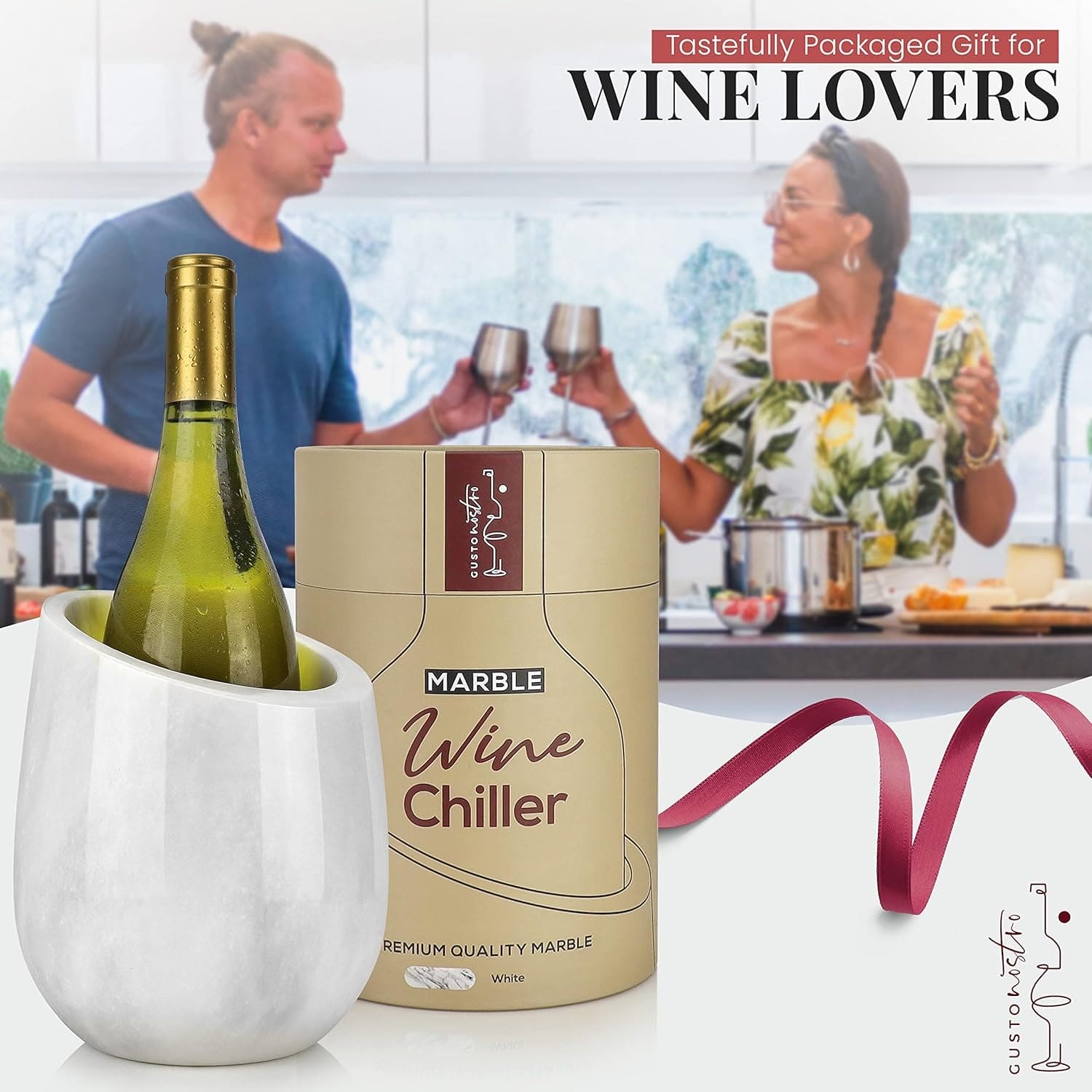 White Marble Wine Chiller for 750 ml Bottles with Anti Slip Base and Gift Box