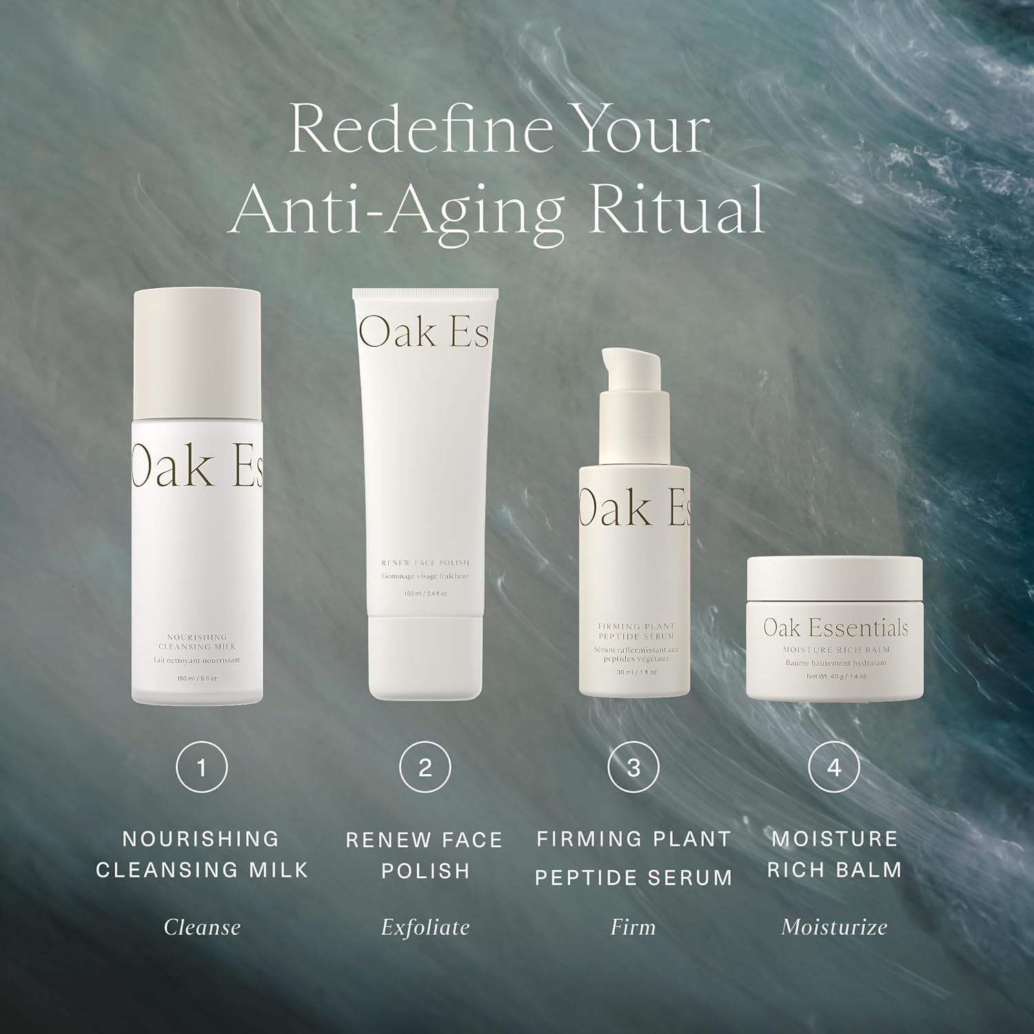 Youthful Skin Routine Set - 4 Step Anti Aging Skincare System with Peptide Serum, Gentle Cleanser, Face Polish, and Moisture Balm