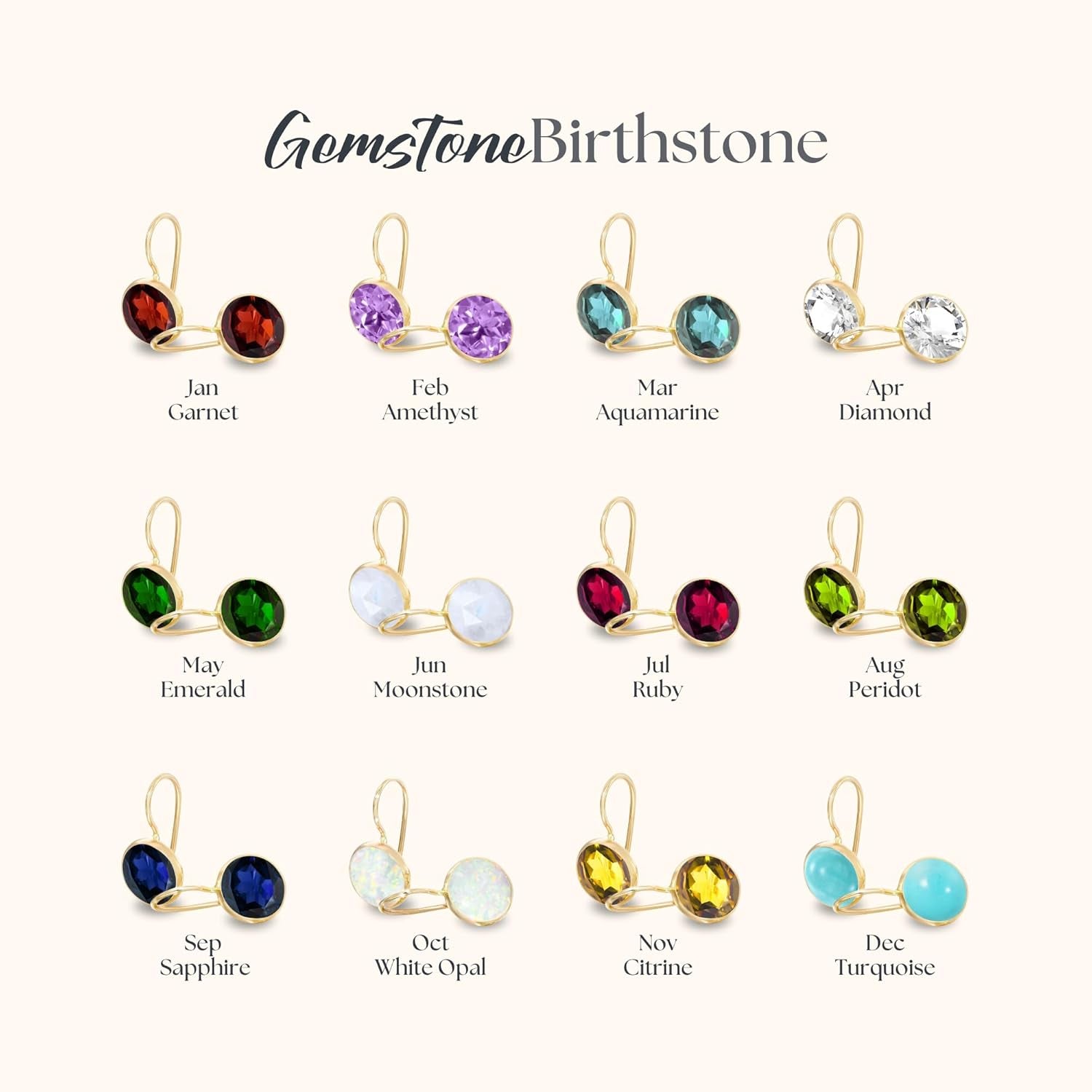 14K Solid Yellow Gold Gemstone Earrings - Birthstone Earrings - 8Mm Dangle Earrings, Dainty Gemstones Earrings, Bridal Handmade Wedding Jewelry Gift for Brides, Graduation Gift