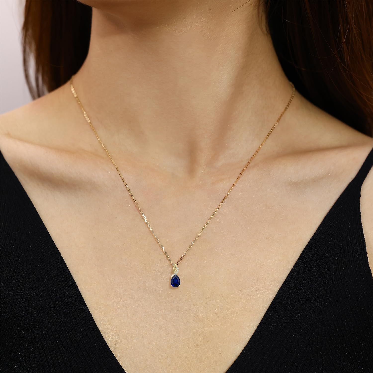 14K Solid Yellow Gold Teardrop Pendant with Diamond Birthstone Necklace Birthday Gifts for Mom Women, Sterling Silver Chain 16" + 2" Extender