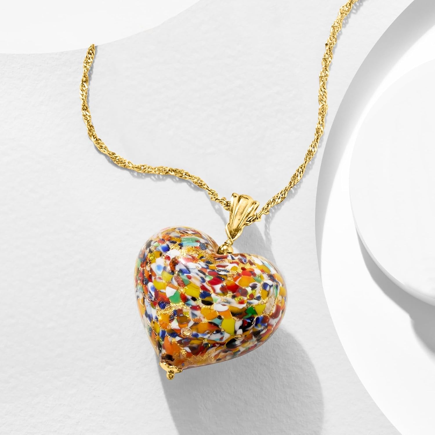Italian Murano Glass Heart Pendant Necklace in 18Kt Gold over Sterling