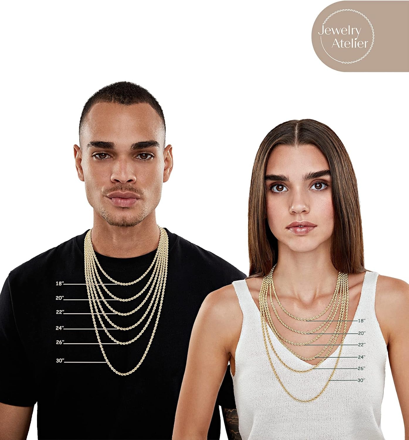 Gold Chain Necklace Collection - 14K Solid Yellow Gold Filled Rope Chain Necklaces for Women and Men with Different Sizes (2.1Mm, 2.7Mm, or 3.8Mm)