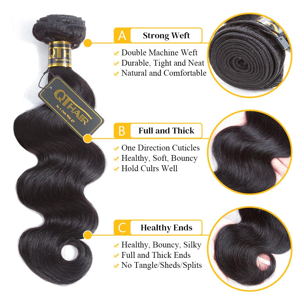 QTHAIR 3 Bundles Body Wave with 4x4 Swiss Lace Closure | 100% Unprocessed Brazilian Virgin Human Hair, 20/22/24+18 Inch
