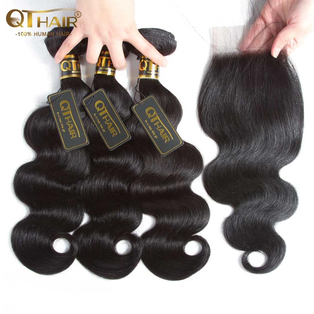QTHAIR 3 Bundles Body Wave with 4x4 Swiss Lace Closure | 100% Unprocessed Brazilian Virgin Human Hair, 20/22/24+18 Inch