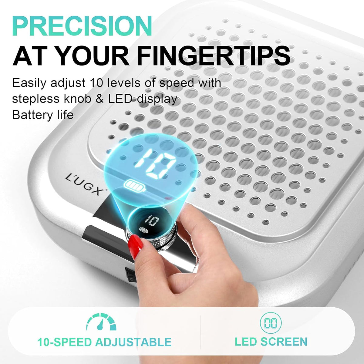 Rechargeable Nail Dust Collector for Acrylic Nails, 10-Gear Professional Nail Vacuum Duster Extractor Cleaner with 2 Reusable Filters for Salon Use,Powerful