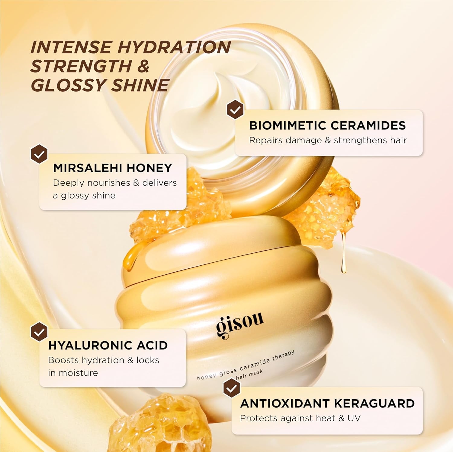 Honey Gloss Ceramide Therapy Hair Mask, Deep Hydration & Repair, Mirsalehi Honey, Ceramides & Hyaluronic Acid, 4X Stronger Hair & +85% Shine, Suitable for All Hair Types