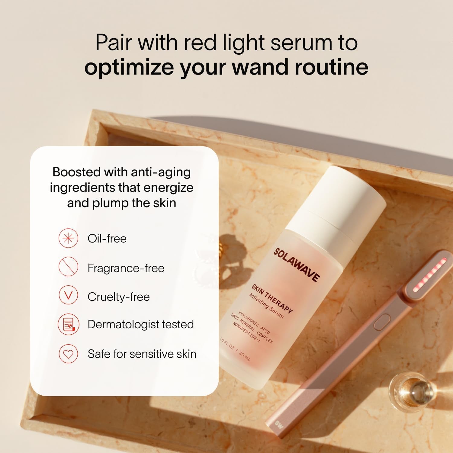 4-In-1 Red Light Therapy Wand + Activating Serum | LED Skincare Device for Face & Neck | Facial Tool with Galvanic Current, Massage & Therapeutic Warmth | Reduces Appearance of Fine Lines