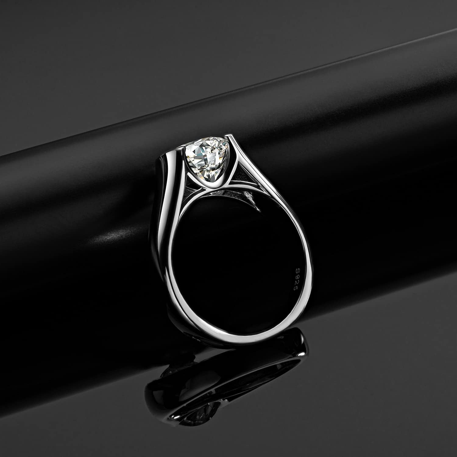 2 Carat Moissanite Half Bezel Set Ring for Women Platinum-Plated Silver D Color VVS 8 Mm Moissanite Solitaire Engagement Promise Band