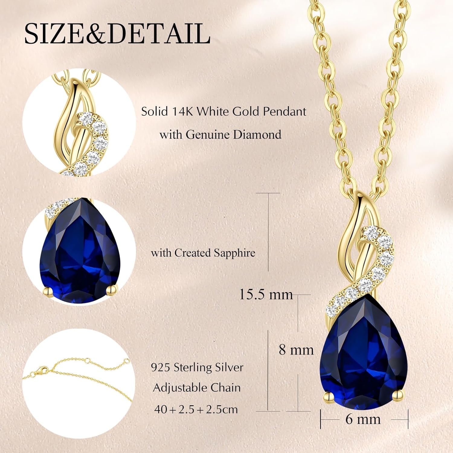 14K Solid Yellow Gold Teardrop Pendant with Diamond Birthstone Necklace Birthday Gifts for Mom Women, Sterling Silver Chain 16" + 2" Extender