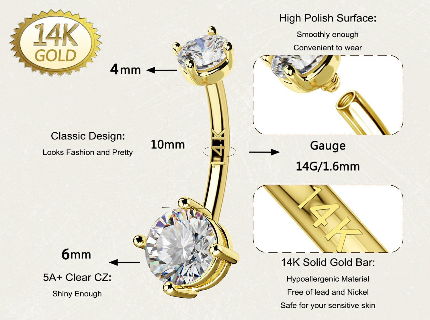 14G Solid Gold Belly Button Rings Clear CZ Navel Ring Belly Button Piercing Navel Jewelry 14K Yellow/White Gold Belly Rings