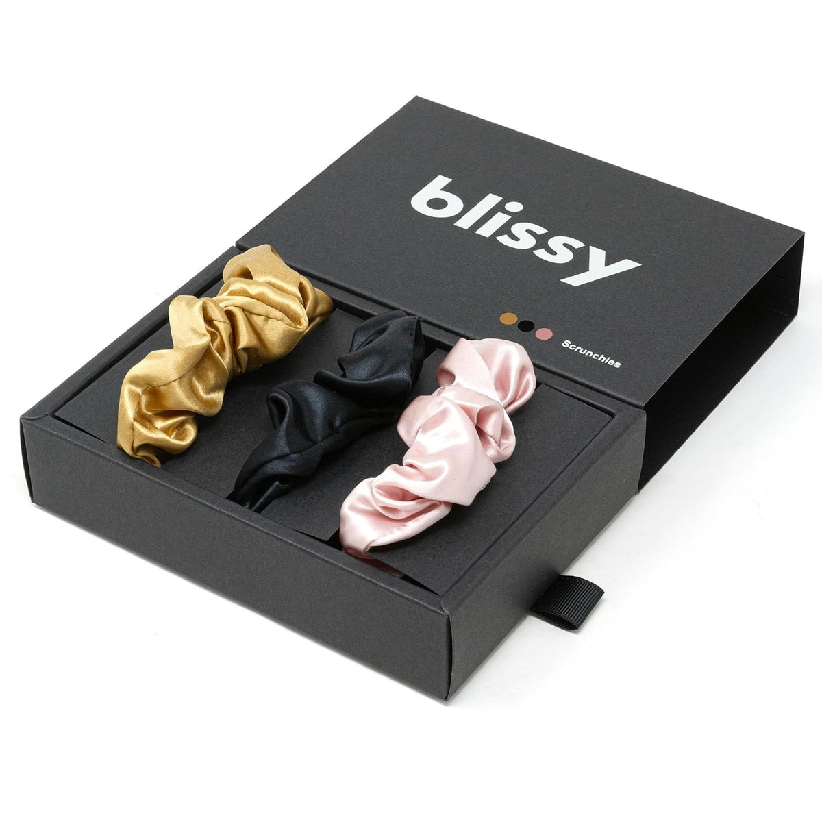Blissy Silk Scrunchies | Black, Gold & Pink, 3-Pack