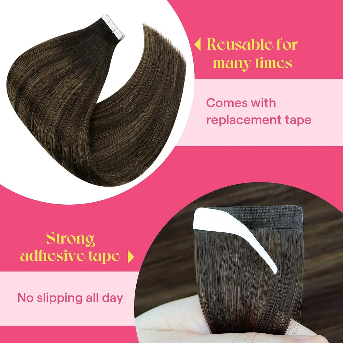 Ve Sunny Tape-In Hair Extensions | Remy Human Hair, #2/2/6 Balayage Brown, 20 Inch 50g 20-Piece Set