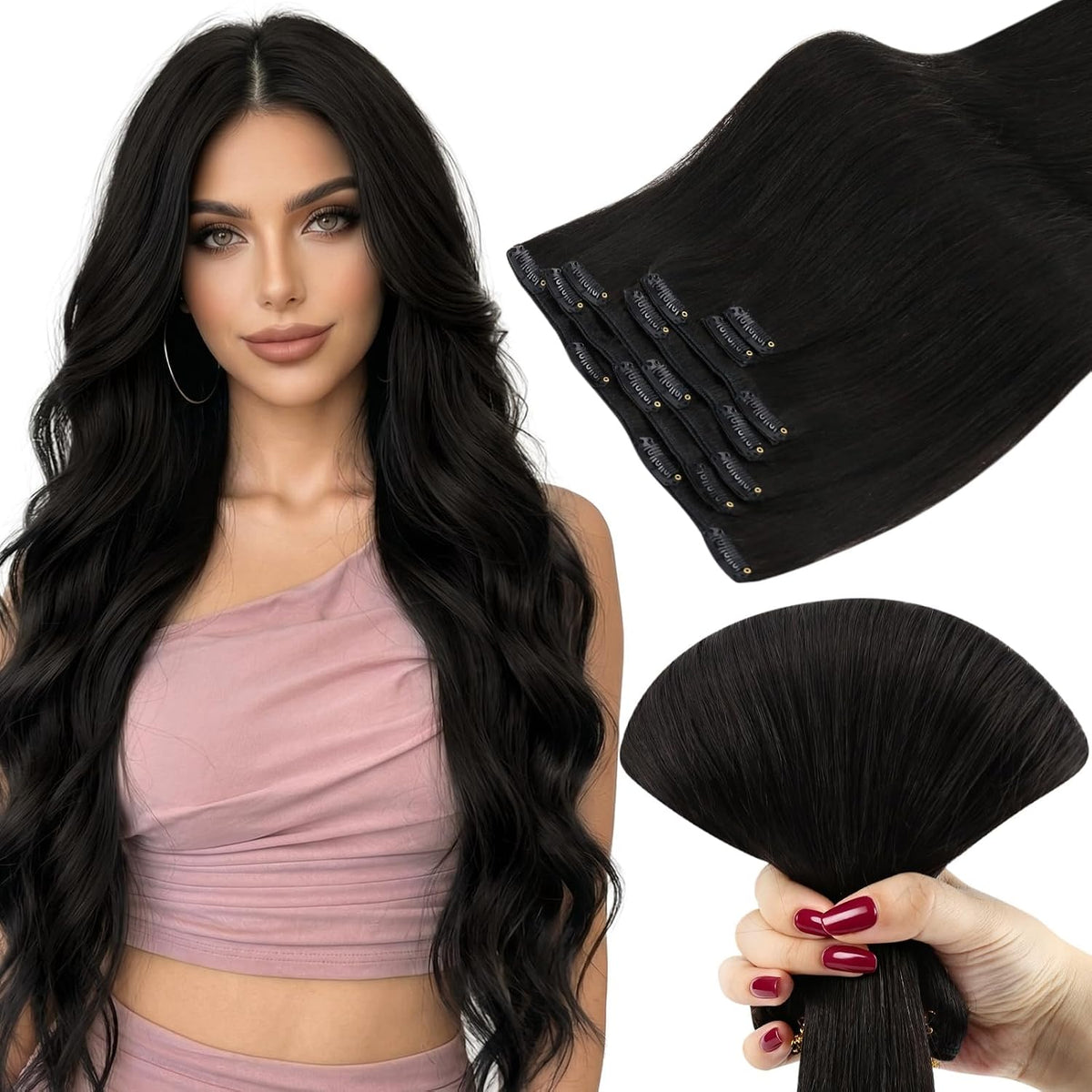 Ve Sunny Clip-In Hair Extensions | Remy Human Hair, Jet Black #1, 18 Inch 135g