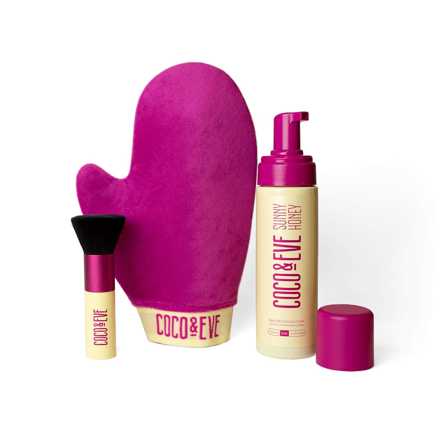 Sunny Honey Bali Bronzing Bundle (Medium). All Natural Sunless Tanning Mousse. Instant Self Tanning Lotion with Bronzer, Mitt Applicator and Kabuki Brush.