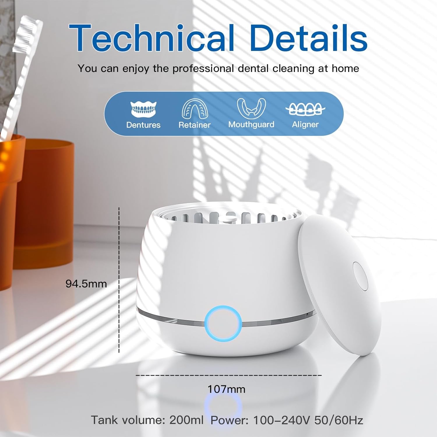Ultrasonic Retainer Cleaner, 45Khz Denture Cleaner Machine, 5Min and 10Min Modes with Rechargable Top Cover, 200Ml Dental Cleaning Pod, Mouthguard Cleaner for Aligner Nightguard Jewelry(White)