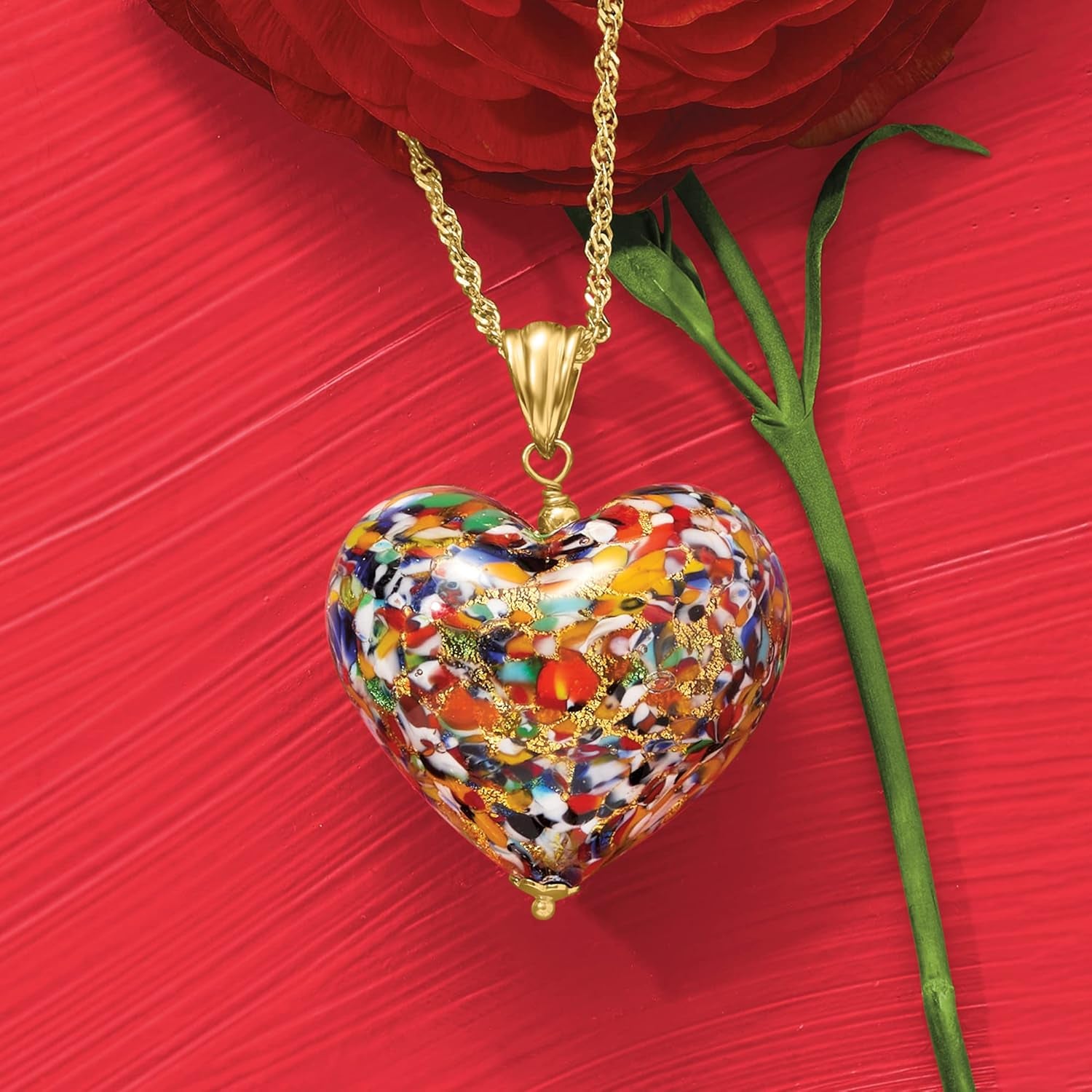 Italian Murano Glass Heart Pendant Necklace in 18Kt Gold over Sterling