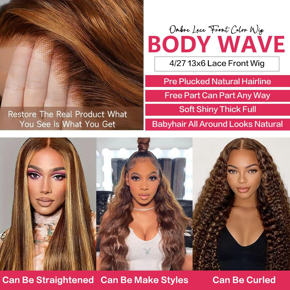 30 Inch Honey Blonde Ombre Lace Front Wig Human Hair 13X6 HD Lace Front Wig 4/27 Highlight Ombre Body Wave Lace Frontal Glueless Wigs Pre Plucked with Baby Hair