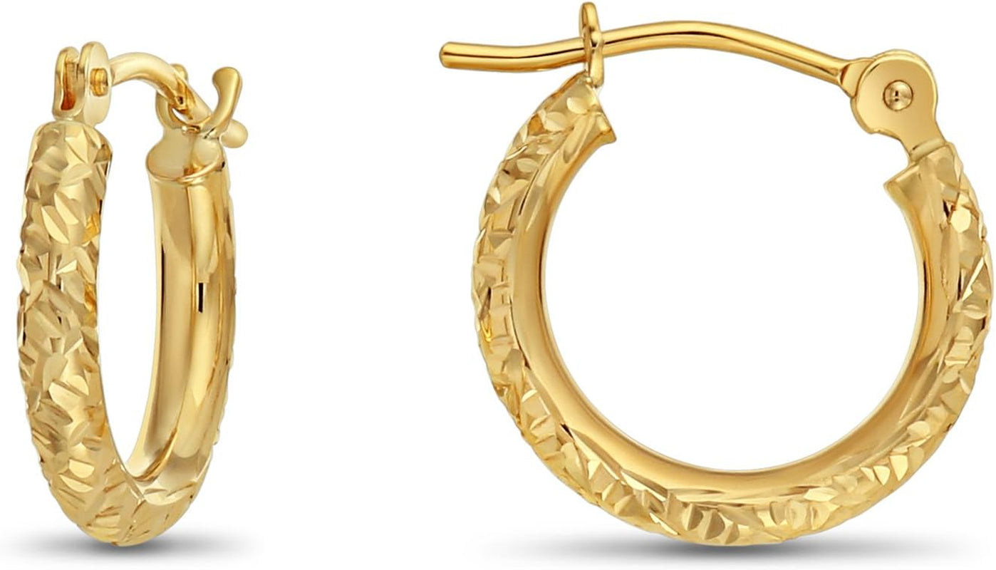 14K Gold Hand Engraved Diamond-Cut round Hoop Earrings, (0.5 Inch Diameter)