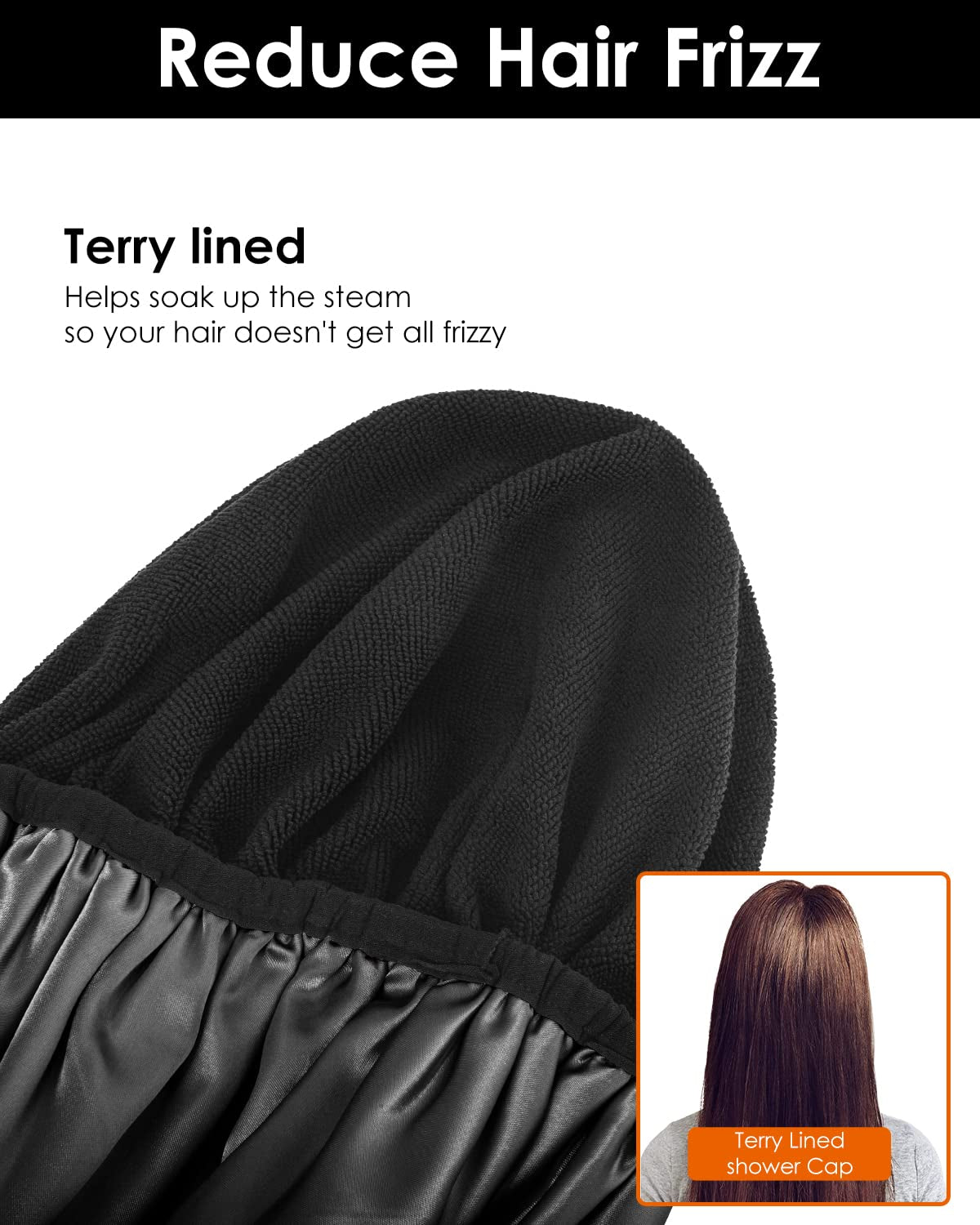 Shower Cap,Terry Lined Shower Cap for Women Reusable, Triple Layer Waterproof Bath Cap, Extra Large for Women Long Hair(Black)