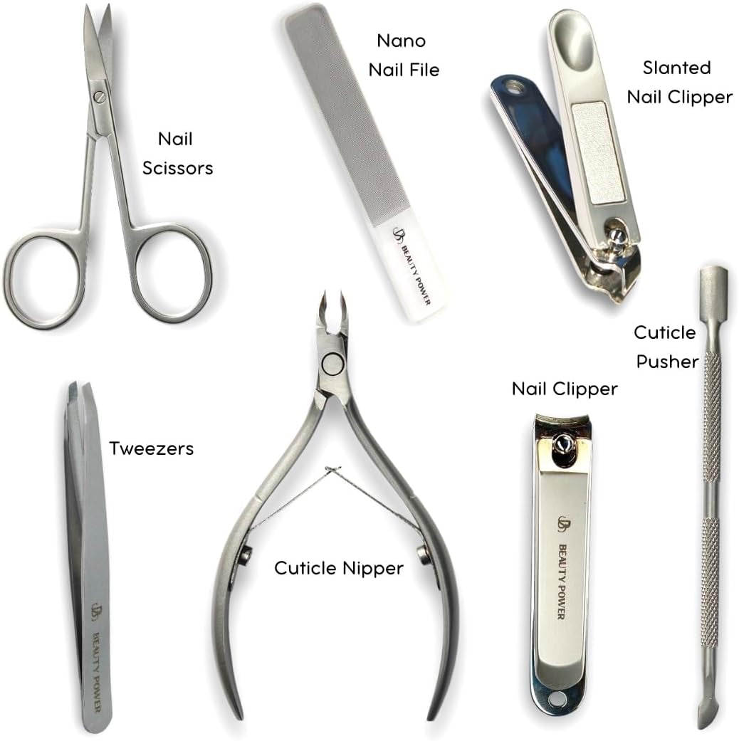 Manicure Pedicure Set 7-In-1 & Cuticle Oil Pen for Free, Stainless Steel, Ultra Sharp, Slanted Nail Clipper, Fingernail Clipper, Cuticle Nipper, Glass Nail File, Eyebrow Tweezers, Scissors, Case