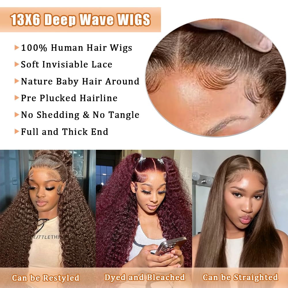 Chocolate Brown Lace Front Wigs Human Hair 13X6 Deep Wave Lace Front Wigs Human Hair 200 Density HD Colored Deep Curly Lace Frontal Wigs for Women Pre Plucked with Natural Hairline (Brown Wig, 30Inch)