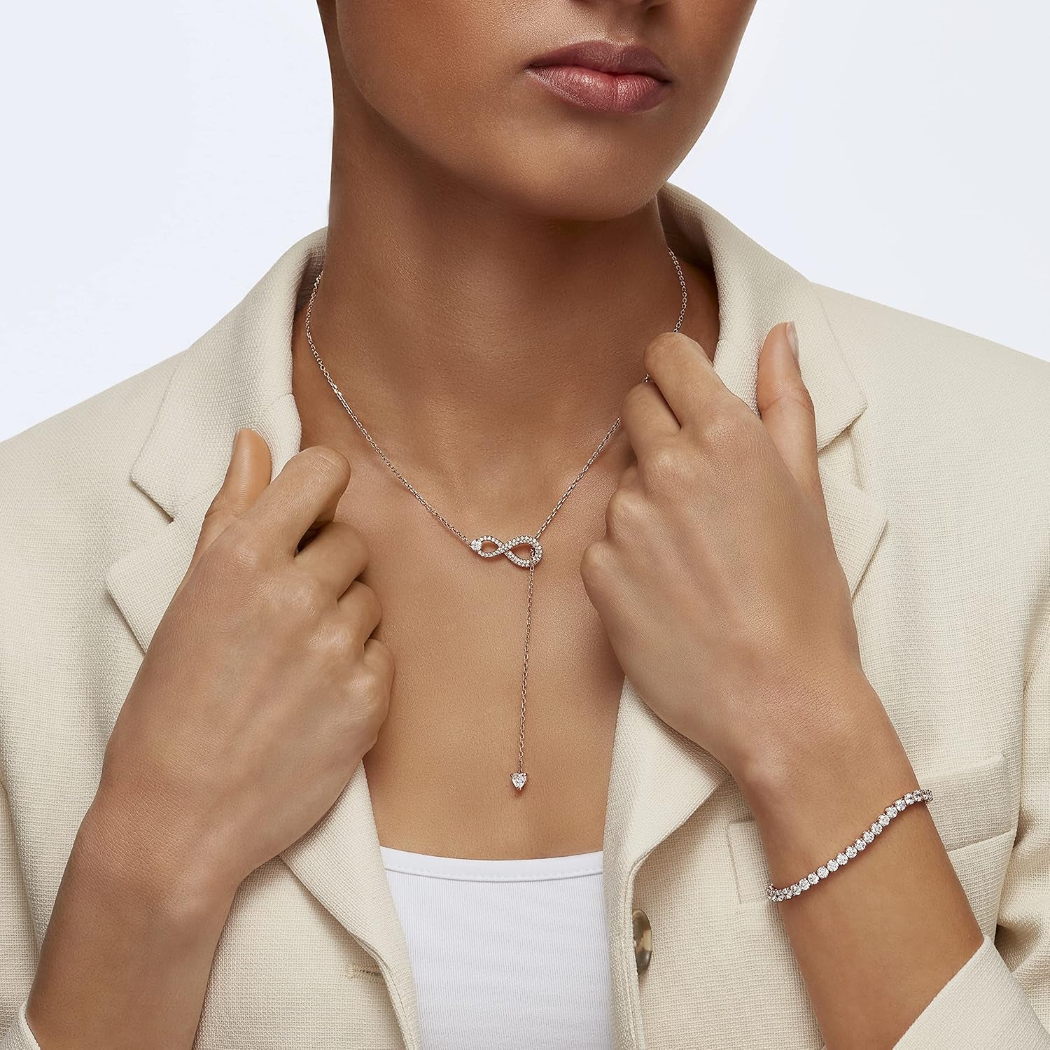 Infinity Twist Jewelry Collection, Bracelets & Necklaces, Rhodium & Rose Gold Tone Finish, Clear Crystals