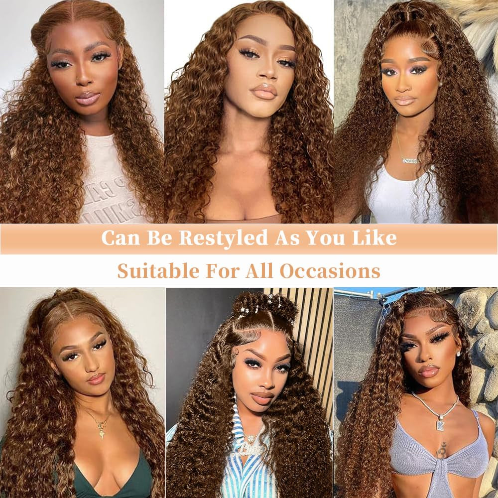 Chocolate Brown Lace Front Wigs Human Hair 13X6 Deep Wave Lace Front Wigs Human Hair 200 Density HD Colored Deep Curly Lace Frontal Wigs for Women Pre Plucked with Natural Hairline (Brown Wig, 30Inch)