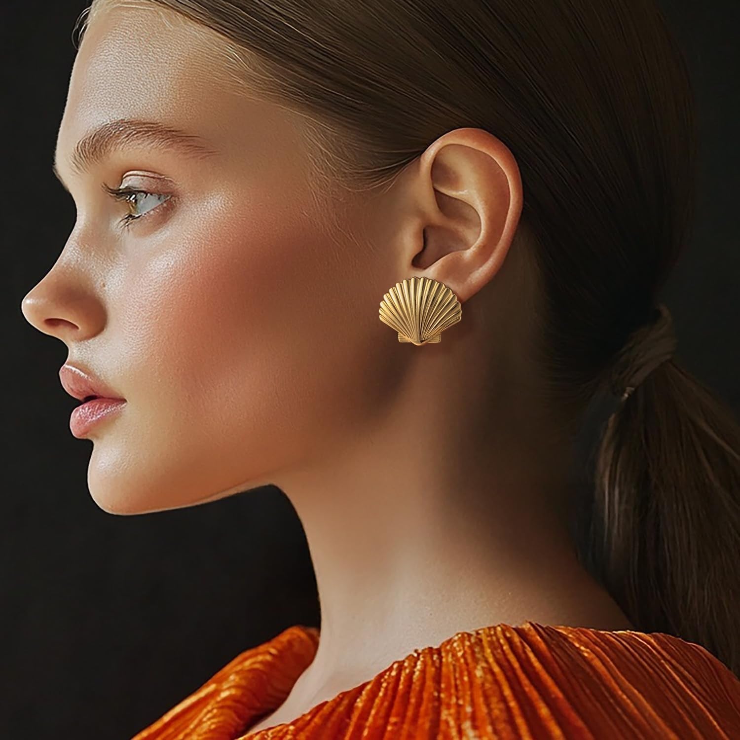 Gold Earrings for Women 14K Gold Studs Earrings for Women Stud Shell Earring for Womens Studs Realistic Shell Texture Stud Earring for Womens 23.5Mm