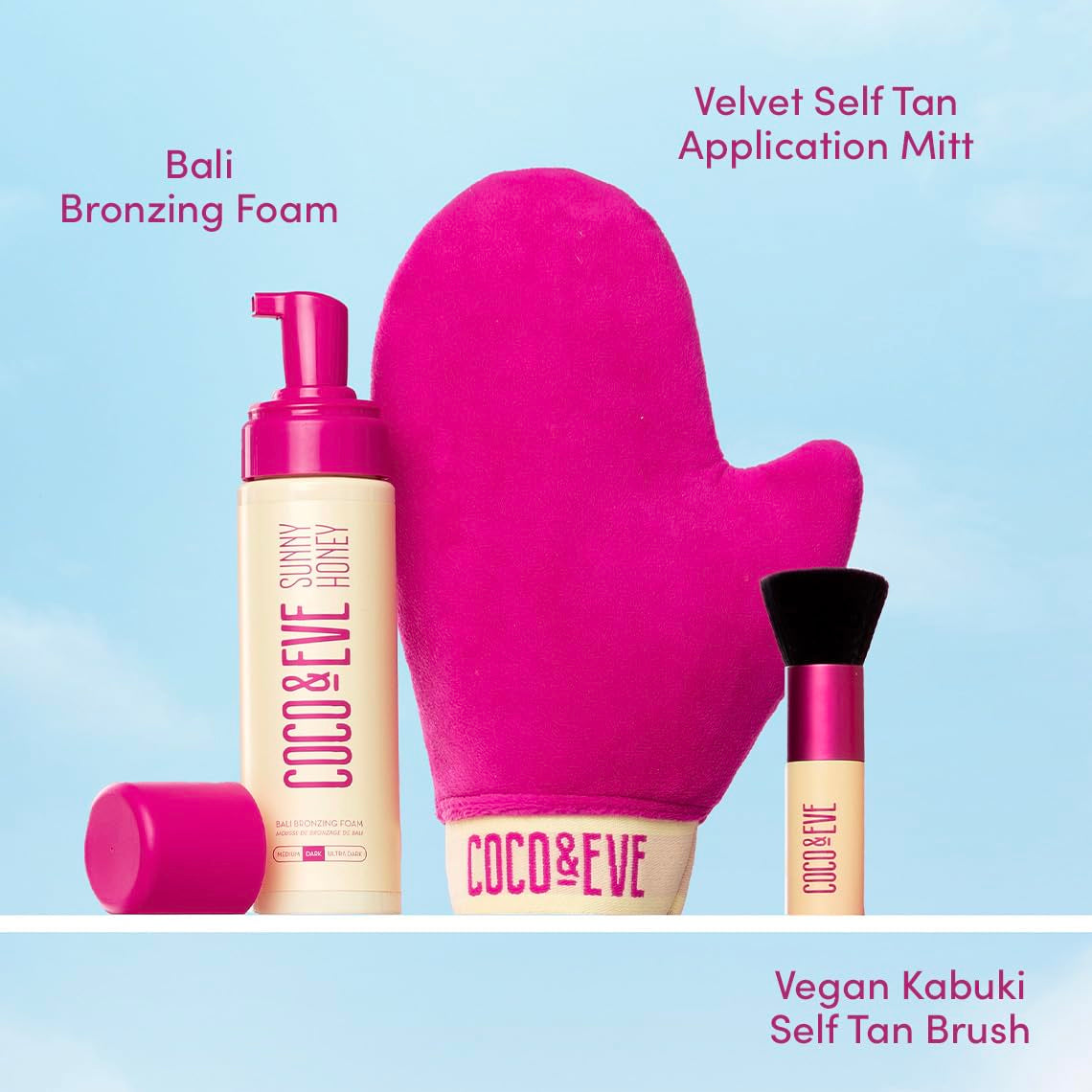 Sunny Honey Bali Bronzing Bundle (Medium). All Natural Sunless Tanning Mousse. Instant Self Tanning Lotion with Bronzer, Mitt Applicator and Kabuki Brush.