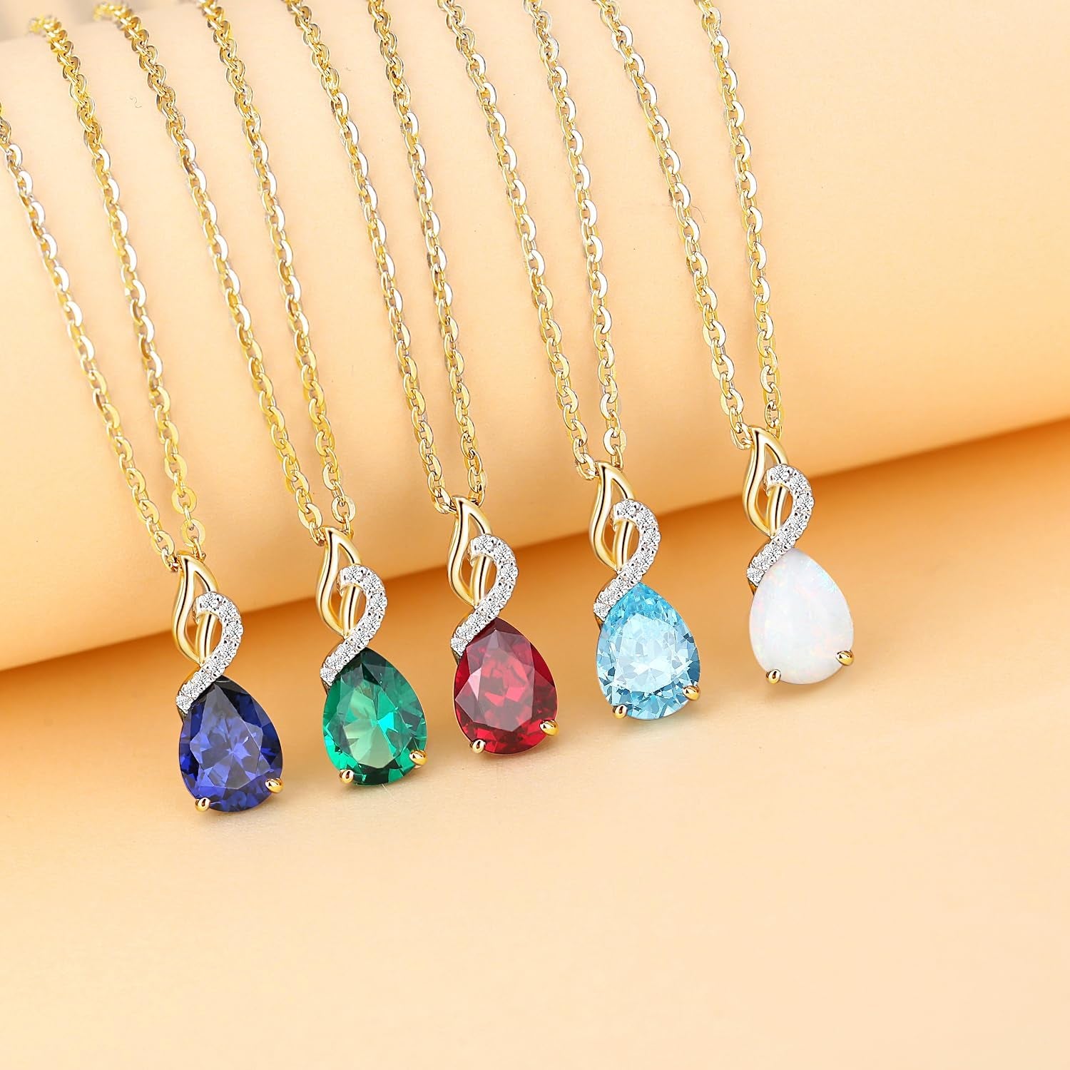 14K Solid Yellow Gold Teardrop Pendant with Diamond Birthstone Necklace Birthday Gifts for Mom Women, Sterling Silver Chain 16" + 2" Extender