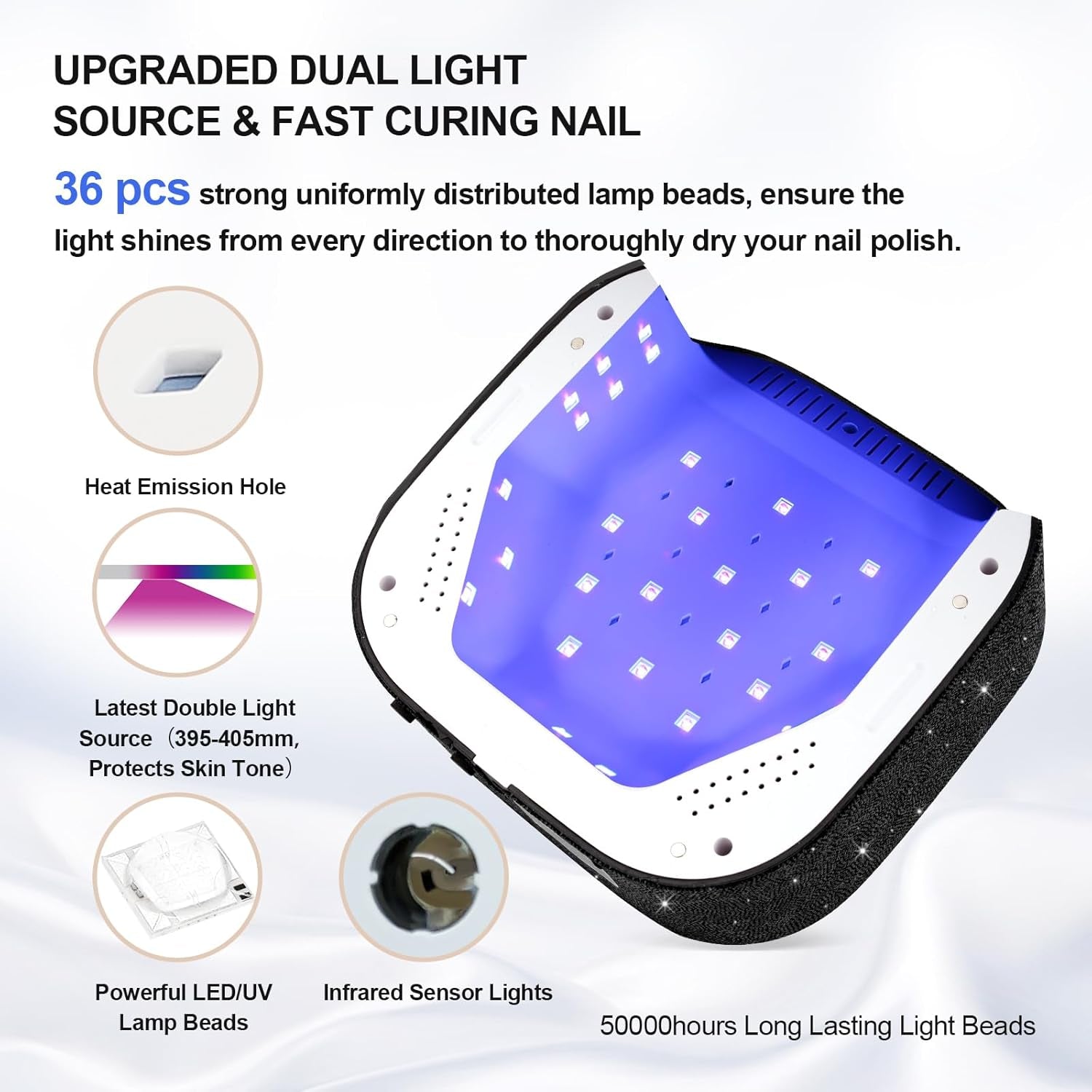 54W UV Nail Lamp, UV Light for Gel Nails, Cordless Rechargeable UV LED Nail Lamp Nail Light with 4 Timer and LCD Display, Professional Fast Curing Lamp Nail Dryer with Black Rhinestone