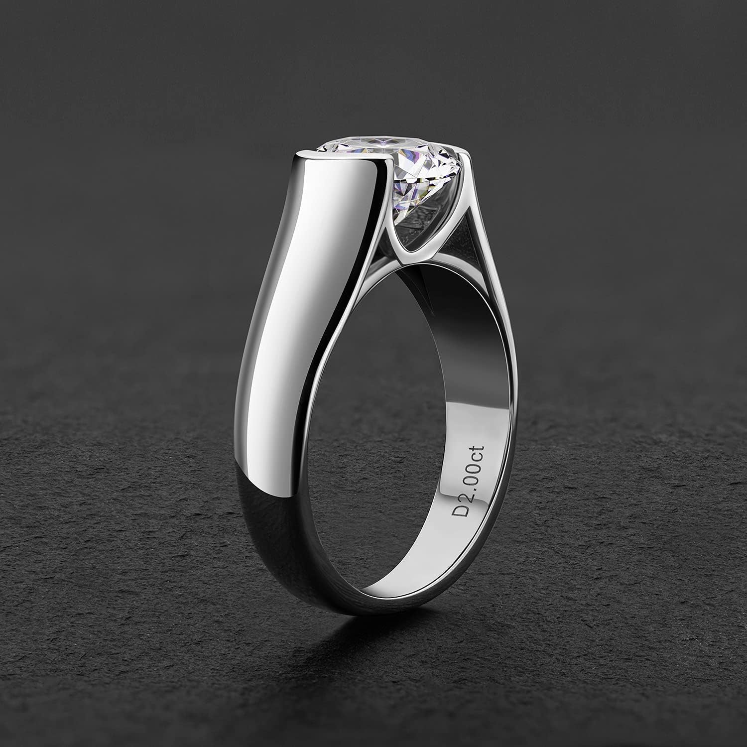 2 Carat Moissanite Half Bezel Set Ring for Women Platinum-Plated Silver D Color VVS 8 Mm Moissanite Solitaire Engagement Promise Band