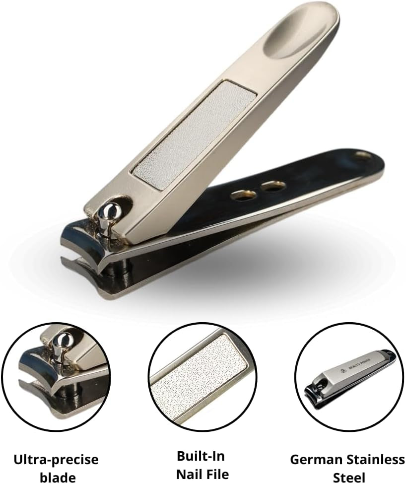 Manicure Pedicure Set 7-In-1 & Cuticle Oil Pen for Free, Stainless Steel, Ultra Sharp, Slanted Nail Clipper, Fingernail Clipper, Cuticle Nipper, Glass Nail File, Eyebrow Tweezers, Scissors, Case