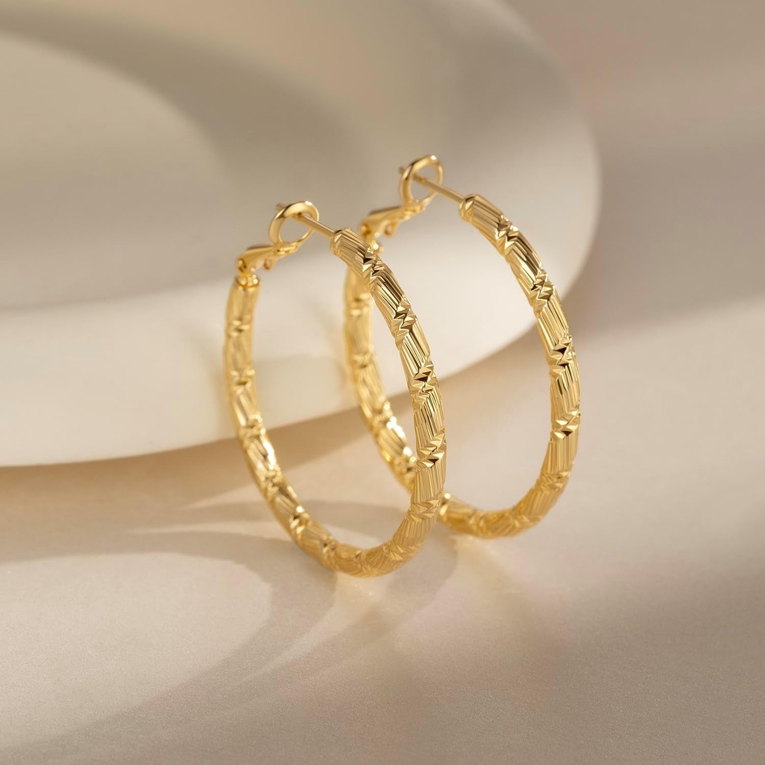 Gold Hoops Earrings for Women 14K Gold Earring Thick Hoop Earring for Womens Earrings Solid Line Cutting Design 30Mm