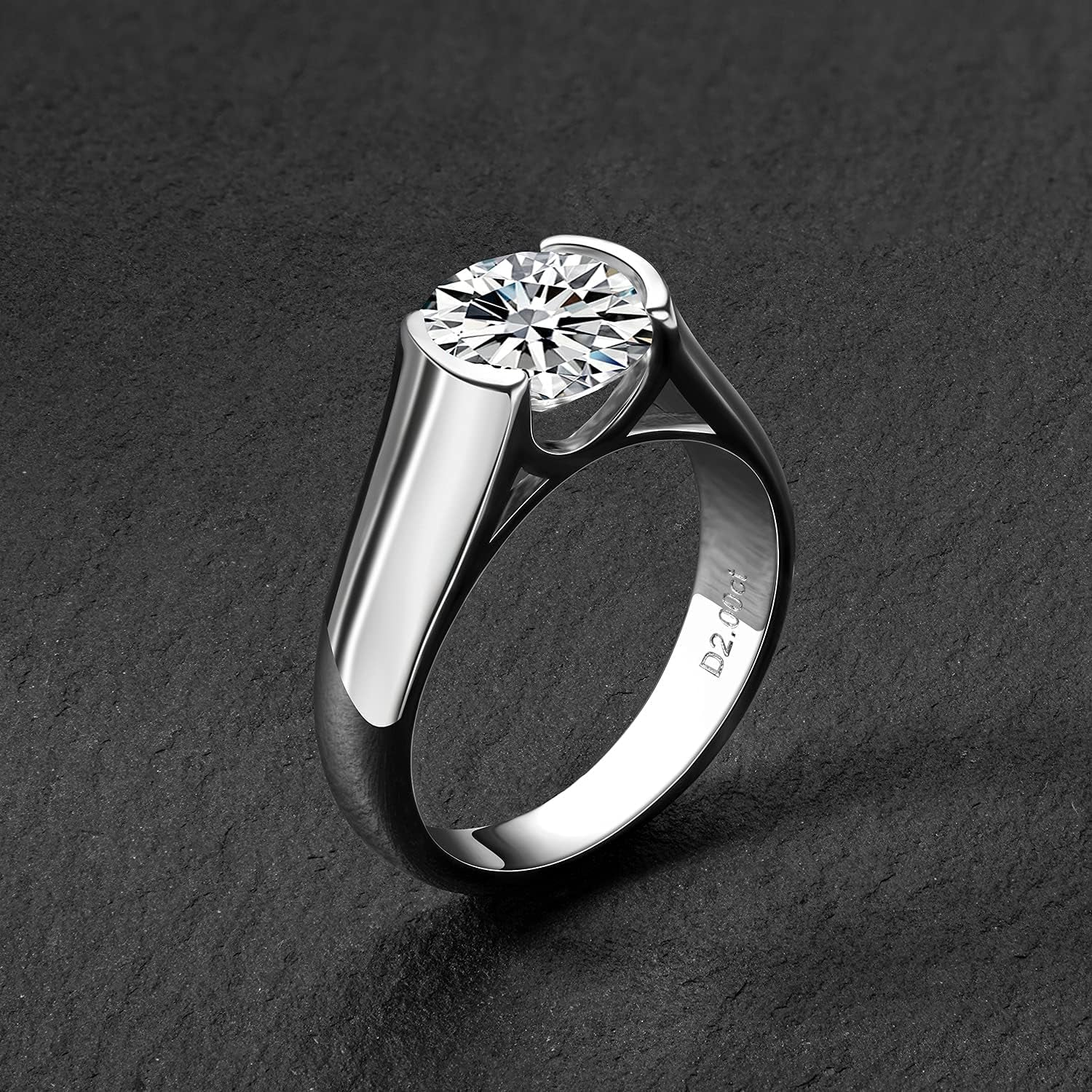 2 Carat Moissanite Half Bezel Set Ring for Women Platinum-Plated Silver D Color VVS 8 Mm Moissanite Solitaire Engagement Promise Band
