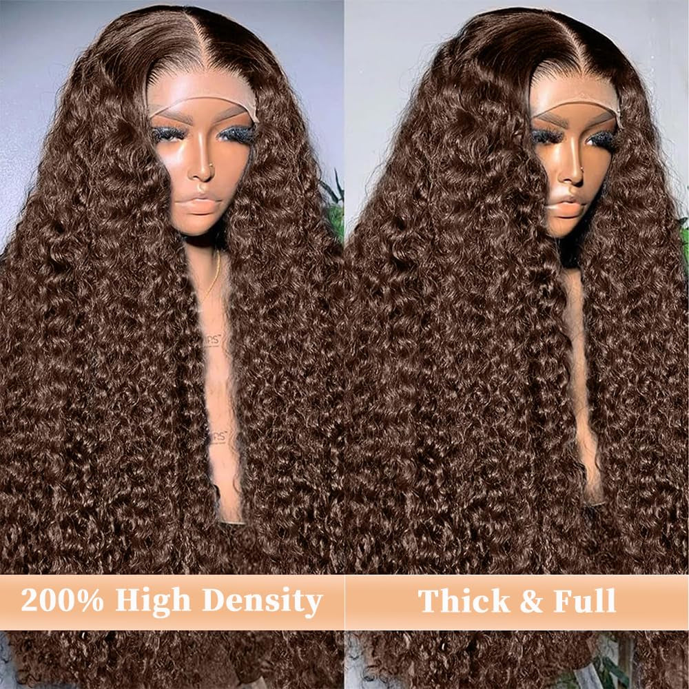 Chocolate Brown Lace Front Wigs Human Hair 13X6 Deep Wave Lace Front Wigs Human Hair 200 Density HD Colored Deep Curly Lace Frontal Wigs for Women Pre Plucked with Natural Hairline (Brown Wig, 30Inch)