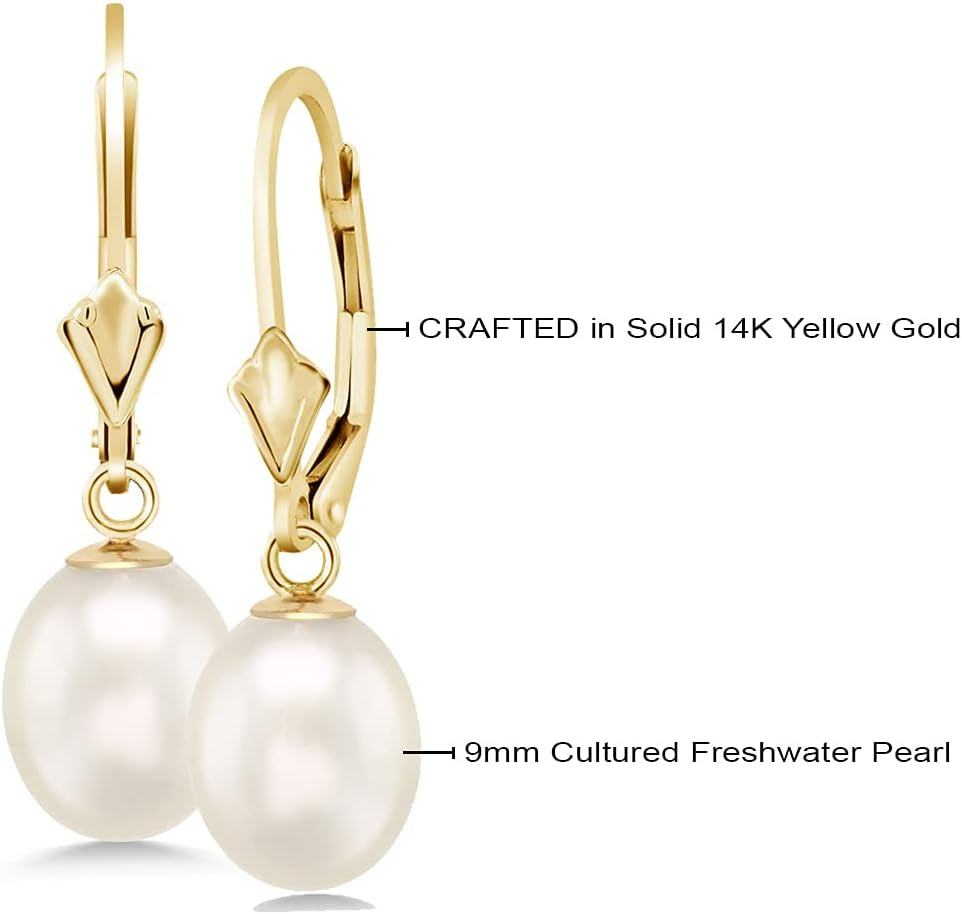 14K Yellow Gold 9MM Cultured Freshwater Pearl Dangle Earrings for Women