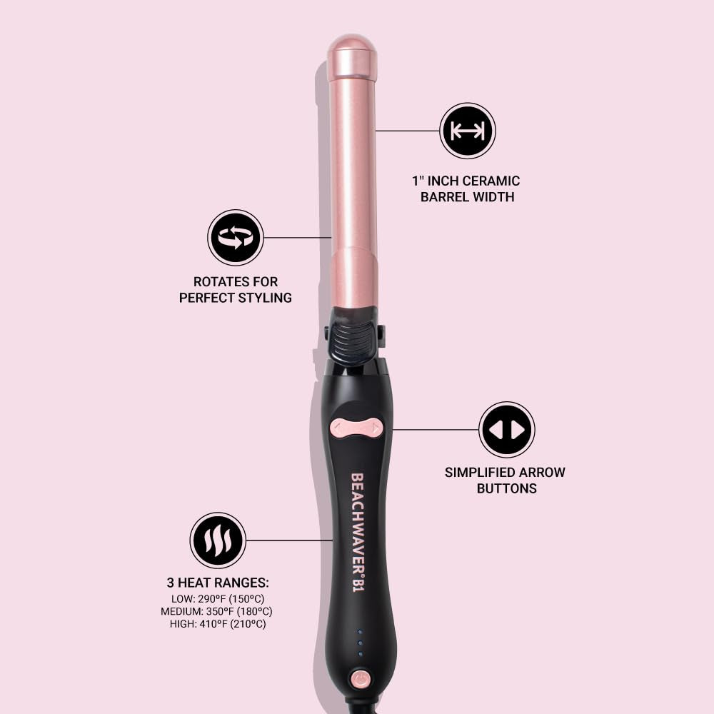 B1 Rotating Curling Iron - Automatic 1" Ceramic Curling Iron - Easy-To-Use Spinning Wand for Long-Lasting Waves, Auto-Shut Off, Travel-Friendly, Dual Voltage (BW160), Midnight Rose