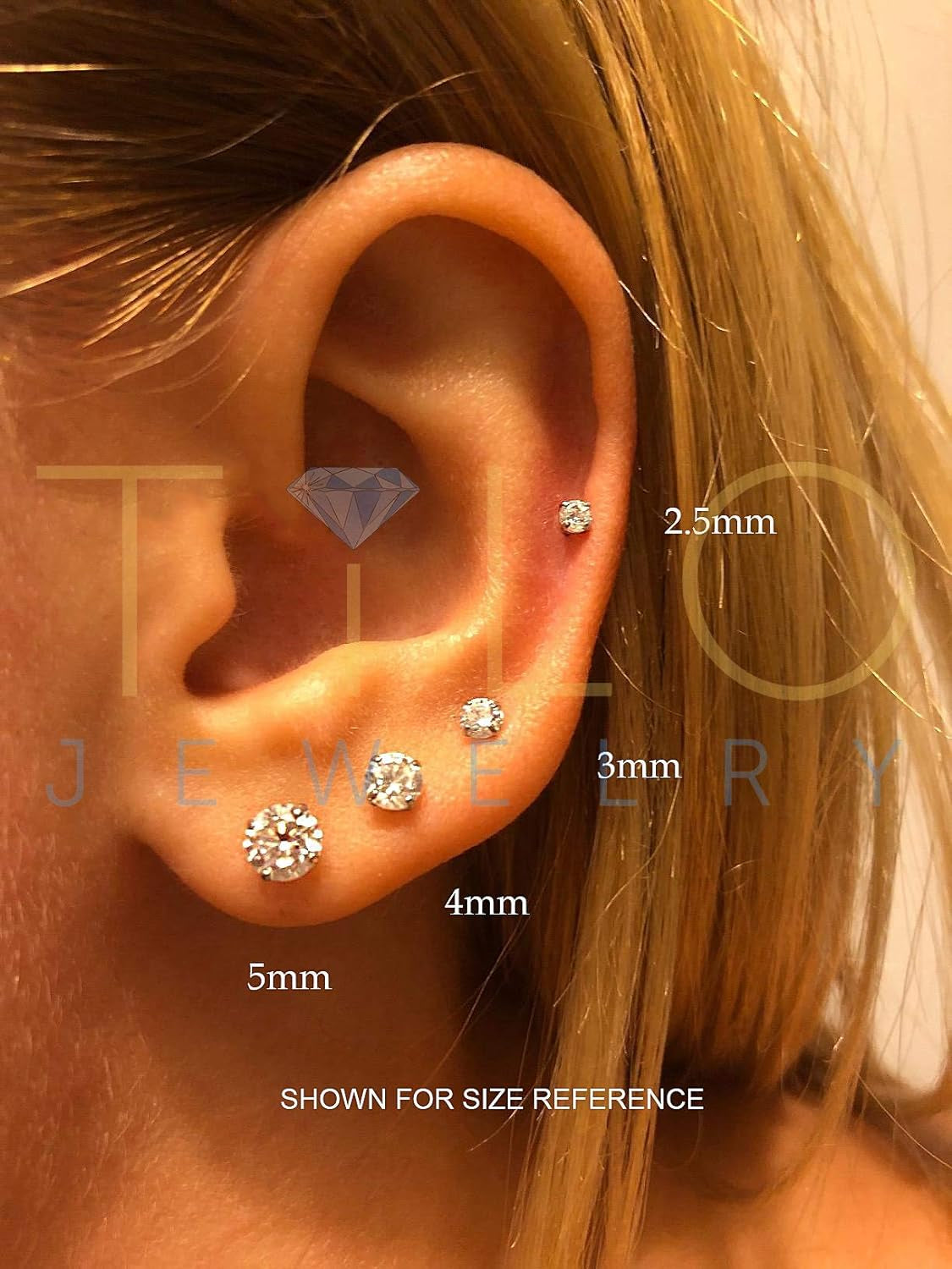 14K White Gold Solitaire round Cubic Zirconia Stud Earrings with Gold Butterfly Pushbacks